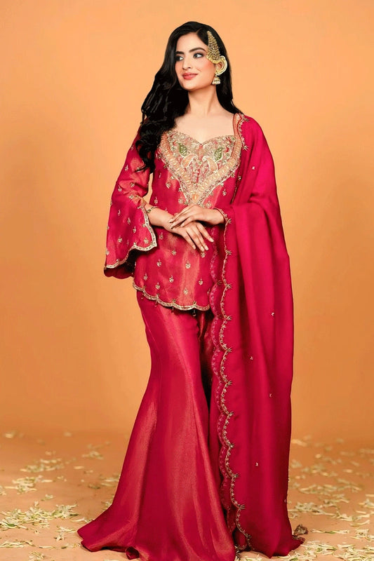 Latest Designer Embroidery Work Sharara Suit For Festival , Codding With Sequnce Work 4 Nidling Dhaga , Hevy Soft Silk Fabric N C Moss , From Perfect fashion