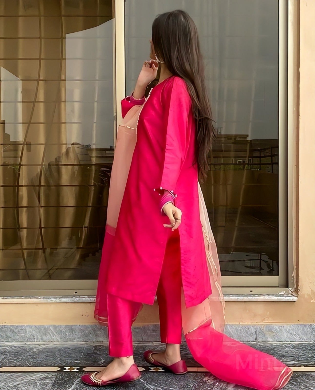 Very Nice Pink Gold Moti Lace Kurta Set