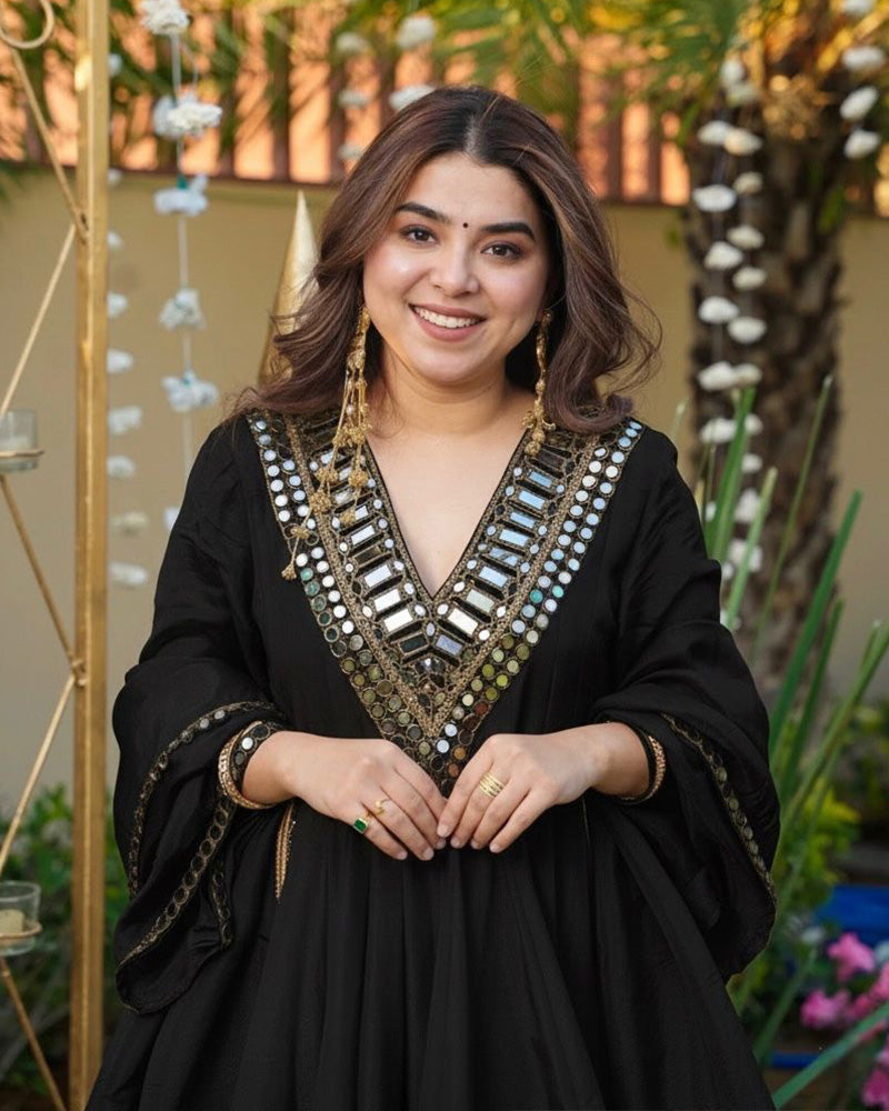 Perfect Fashion Sharara Set, Anarkali Dress Black Colour Heavy Embroidery Mirror Work Soft Silk Fabric ,