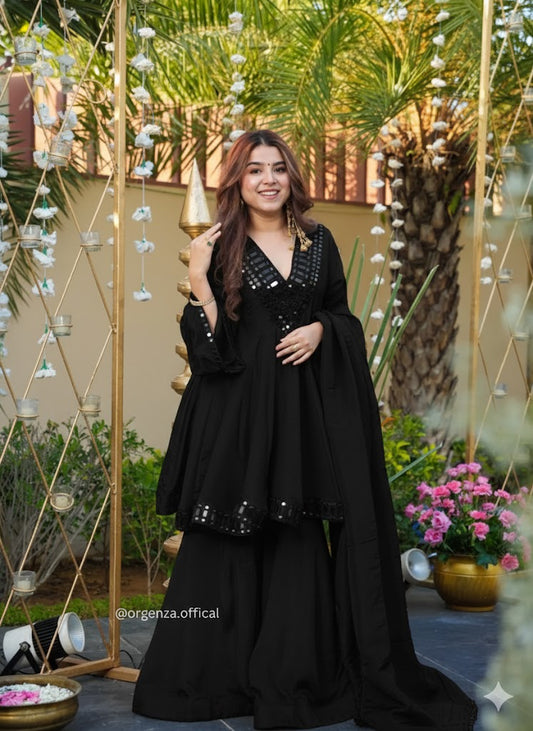 Perfect Fashion Sharara Set,Elevate your festive wardrobe with this luxurious&nbsp; Kurta Set, beautifully crafted for weddings, festivals, sangeet, mehendi, and special celebrations. Designed in, this outfit features a flared Kurta silhouette