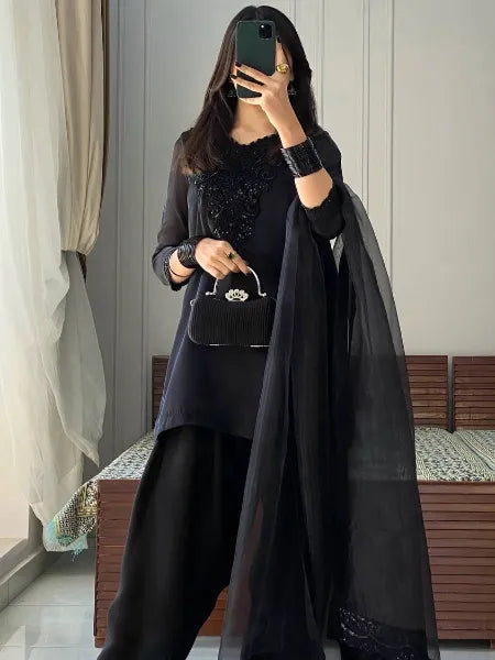 New Fancy Beautifull Kurta Set For Women Soft And Silk Fabric Black Beads And Sequnce Work wear Look pure Roman Silk Fabric Top Pent and Dupatta