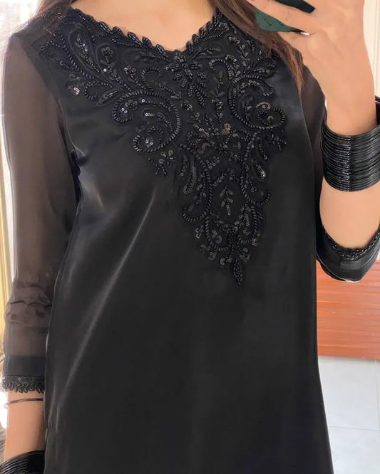 New Fancy Beautifull Kurta Set For Women Soft And Silk Fabric Black Beads And Sequnce Work wear Look pure Roman Silk Fabric Top Pent and Dupatta