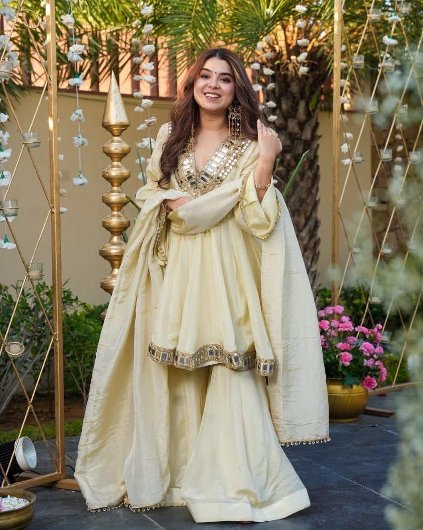Perfect Fashion Sharara Set, Anarkali Dress Lvory/Cream Colour Heavy Embroidery Mirror Work Soft Silk Fabric ,