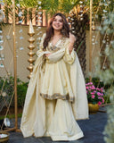 Perfect Fashion Sharara Set, Anarkali Dress Lvory/Cream Colour Heavy Embroidery Mirror Work Soft Silk Fabric ,