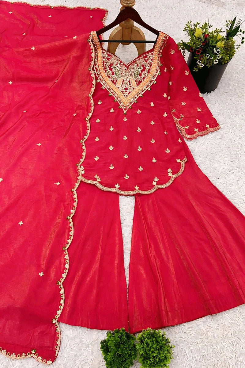 Latest Designer Embroidery Work Sharara Suit For Festival , Codding With Sequnce Work 4 Nidling Dhaga , Hevy Soft Silk Fabric N C Moss ,  From Perfect fashion