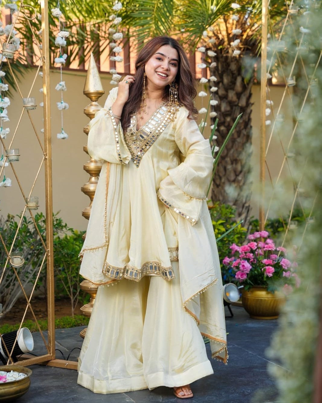 Perfect Fashion Sharara Set, Anarkali Dress Lvory/Cream Colour Heavy Embroidery Mirror Work Soft Silk Fabric ,