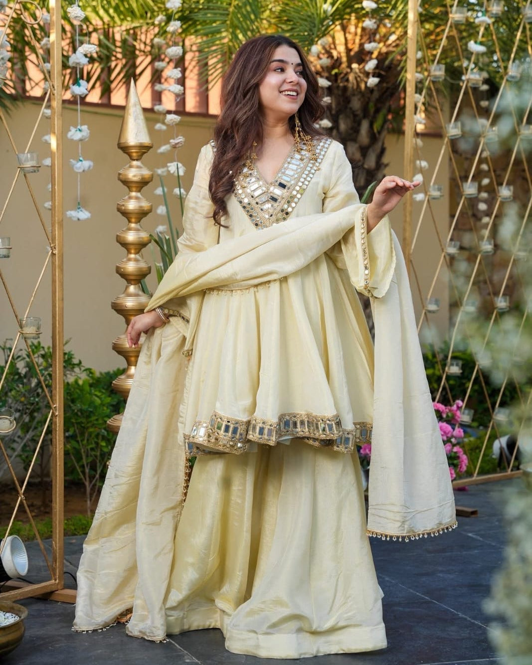 Perfect Fashion Sharara Set, Anarkali Dress Lvory/Cream Colour Heavy Embroidery Mirror Work Soft Silk Fabric ,