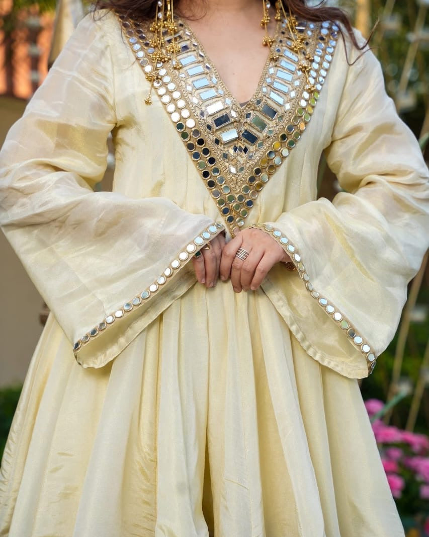 Perfect Fashion Sharara Set, Anarkali Dress Lvory/Cream Colour Heavy Embroidery Mirror Work Soft Silk Fabric ,