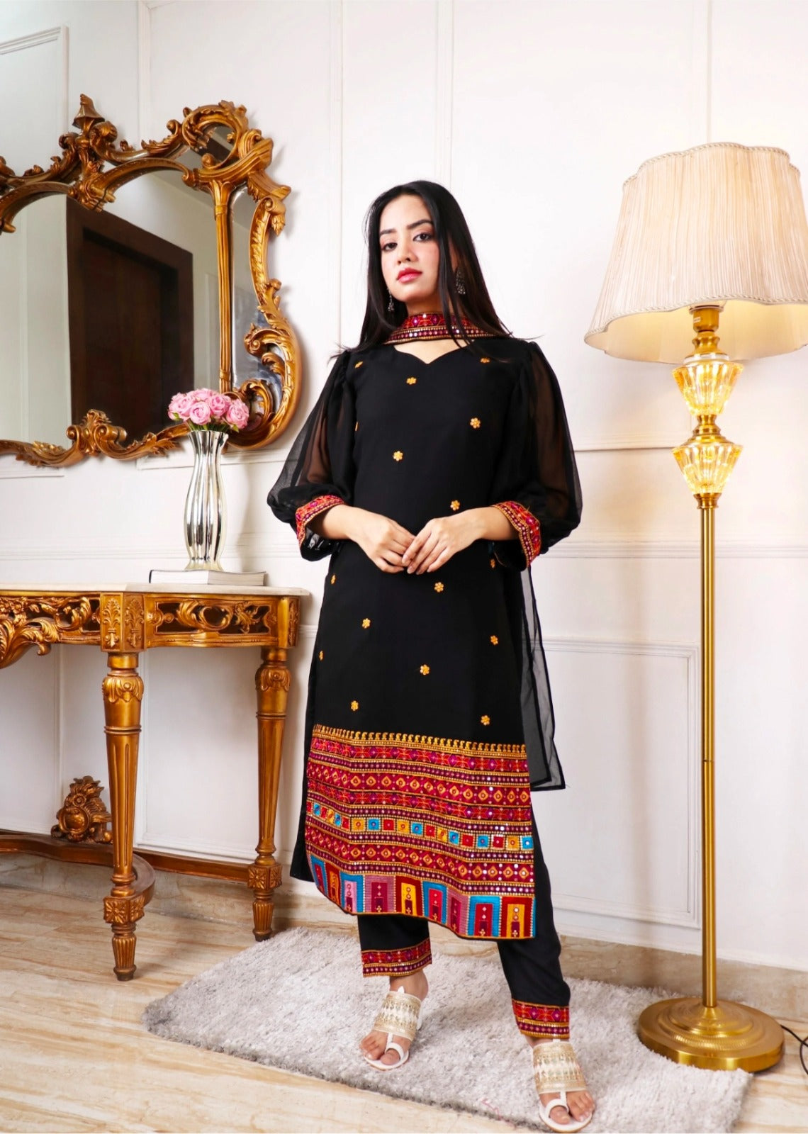 New Navratri Traditional Black Embroidery Work Kurta Pant With Duppta