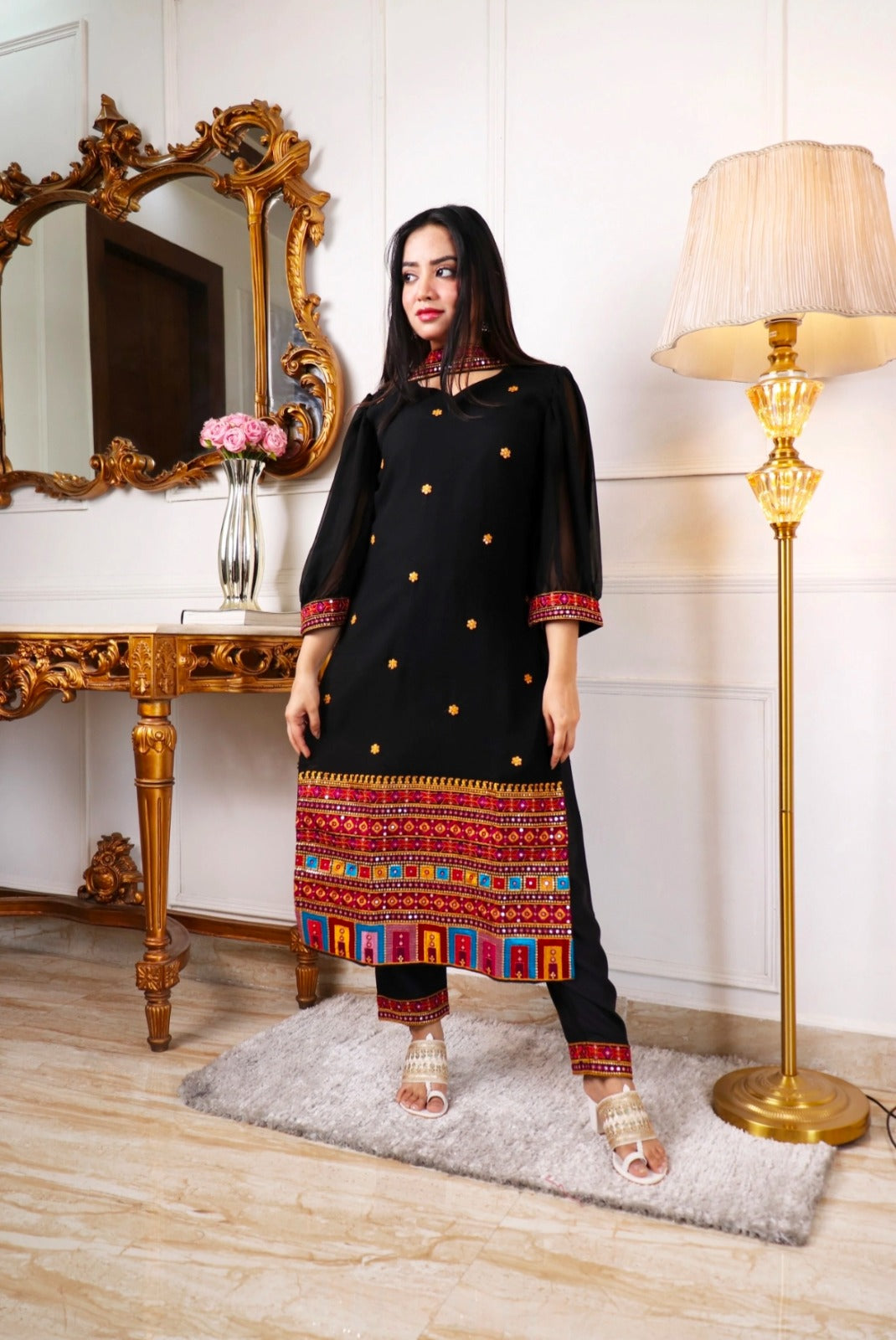 New Navratri Traditional Black Embroidery Work Kurta Pant With Duppta