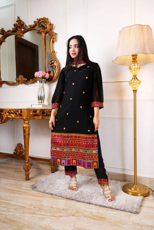 New Navratri Traditional Black Embroidery Work Kurta Pant With Duppta