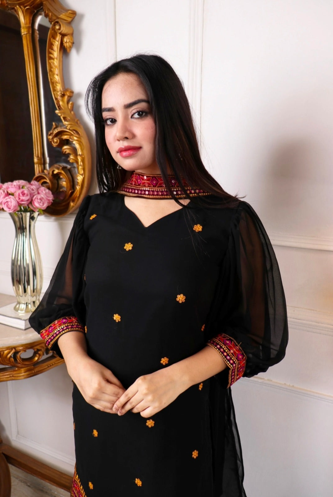 New Navratri Traditional Black Embroidery Work Kurta Pant With Duppta