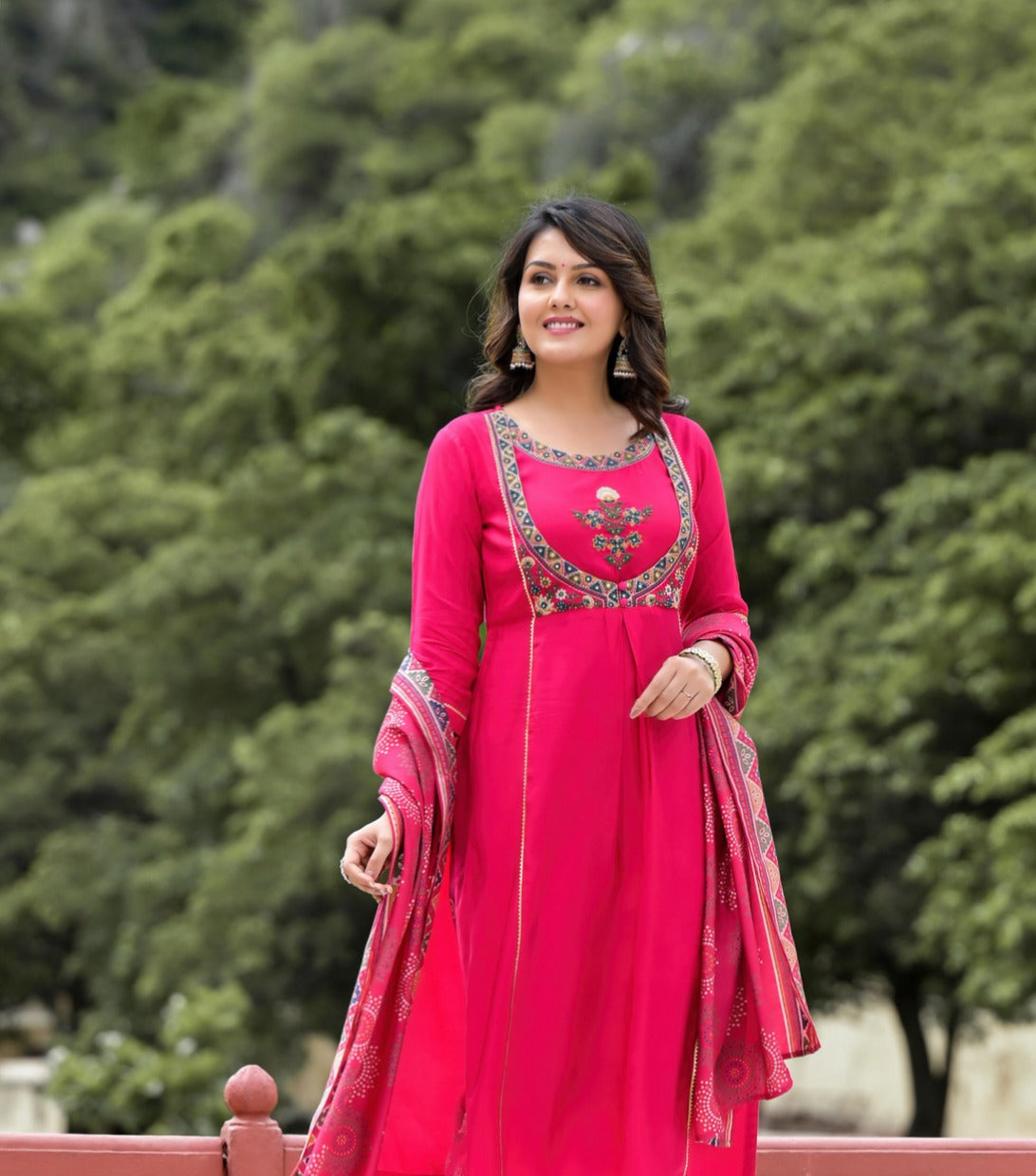 New Treaditional Roman Silk Fabric 3D Digital Duptta Embroidery Kurta Set