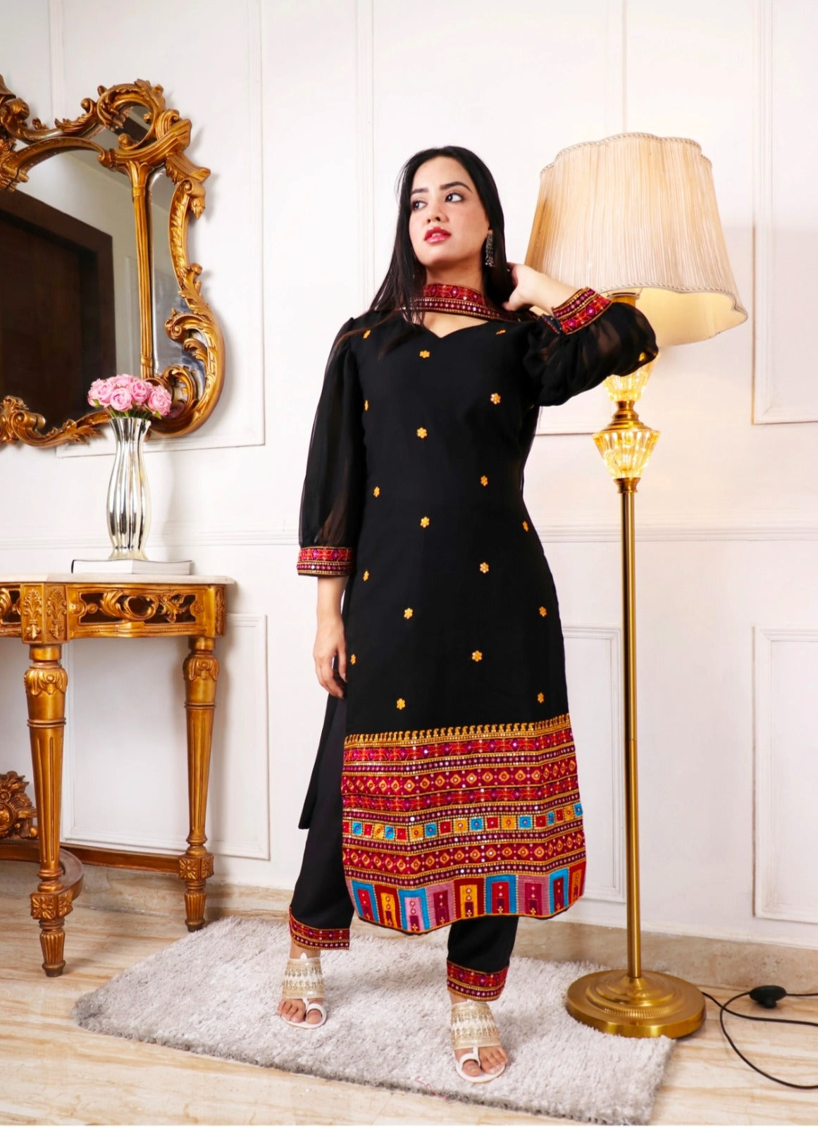 New Navratri Traditional Black Embroidery Work Kurta Pant With Duppta