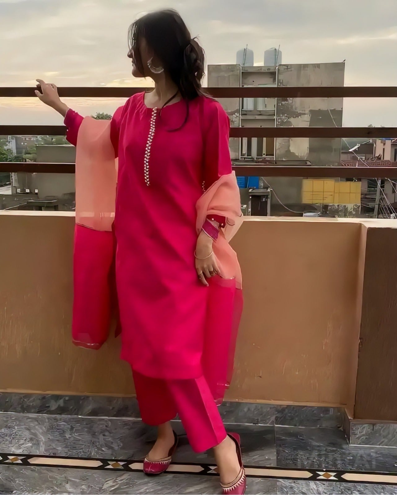 Very Nice Pink Gold Moti Lace Kurta Set