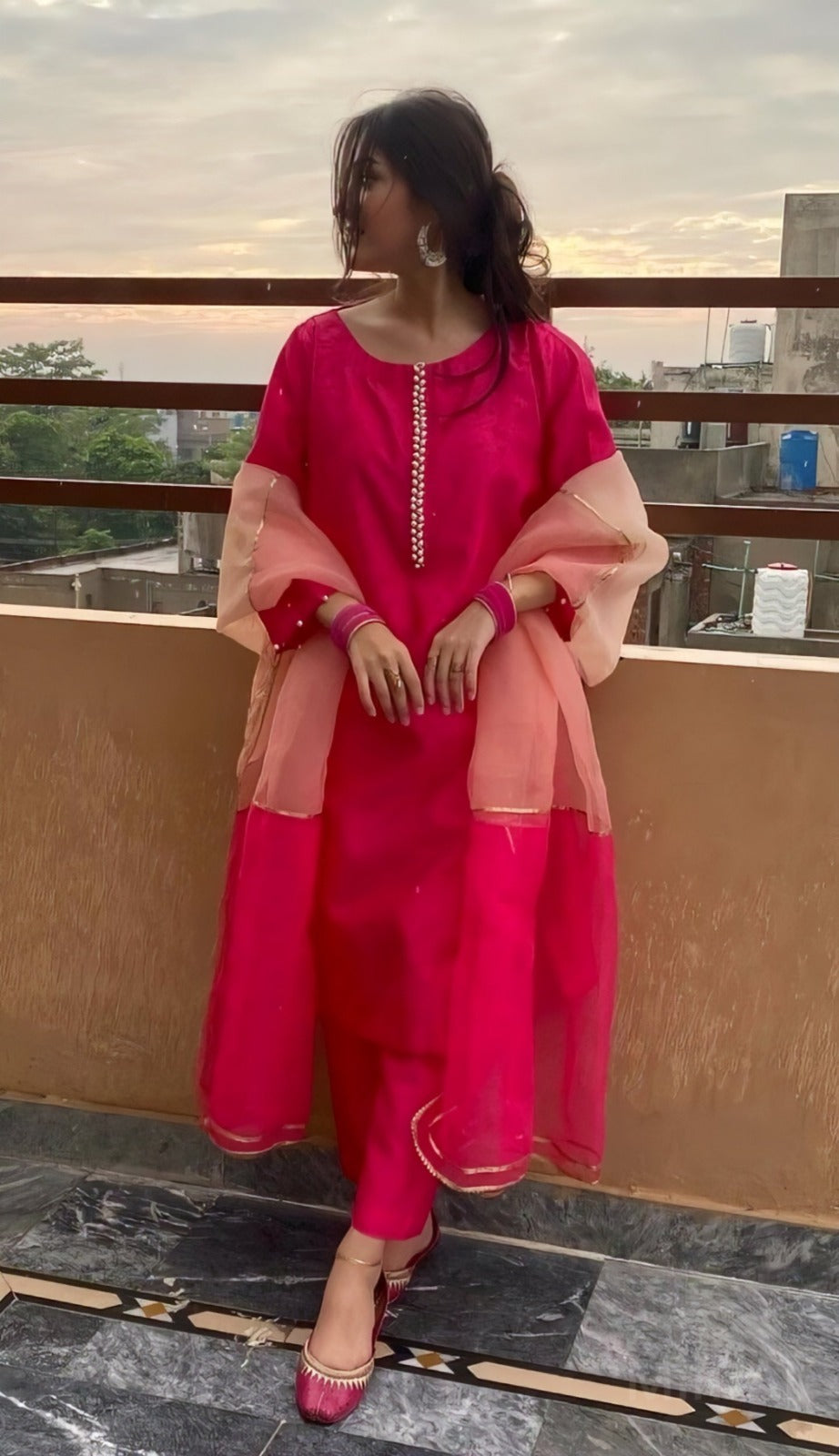 Very Nice Pink Gold Moti Lace Kurta Set