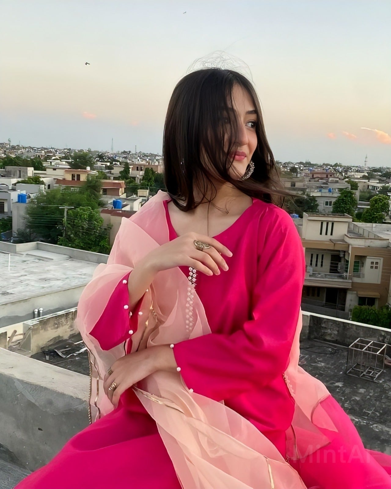 Very Nice Pink Gold Moti Lace Kurta Set