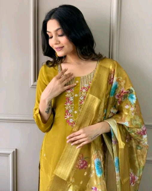 Launching New Fancy Kurta Set For Women 4 Nidaling Dhaga Embroidery Work Treaditional Roman Silk Fabric 3D Digital Print Duptta , Floral Ornamentation: Embroidered Fit/ Shape: A-line Occasion