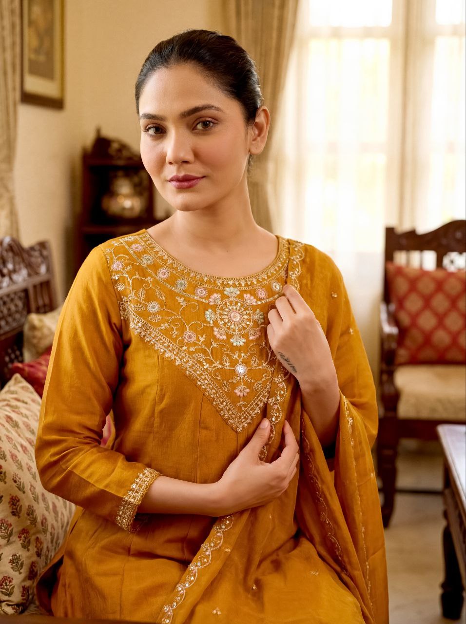 New designerbparty wear Look pure Vichitra Top Pent and Dupatta, *Featuring Beautiful Anarkali suit set in pure Vichitra embroidery sequence work with Flared Top with dupatta embroidery border cat work.*✅