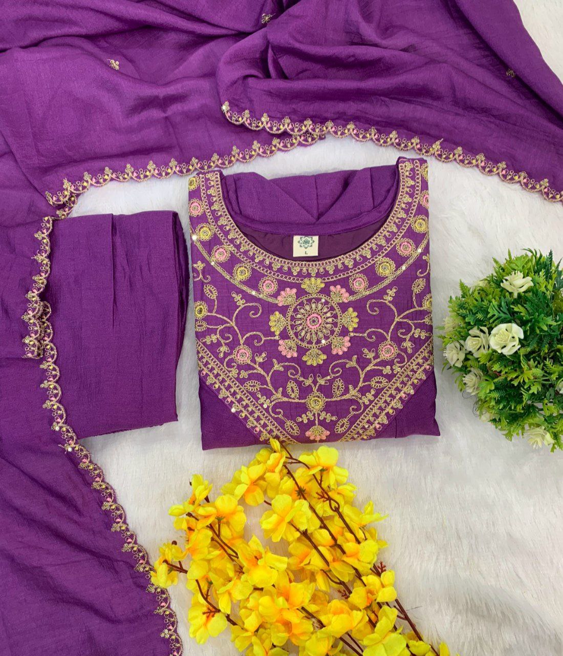 Launching New designerbparty wear Look pure Vichitra Top Pent and Dupatta, Featuring Beautiful Anarkali suit set in pure Vichitra embroidery sequence work with Flared Top with dupatta embroidery border cat work.*✅