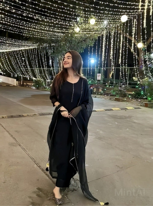 Very Nice Black Gold Moti Lace Kurta Set